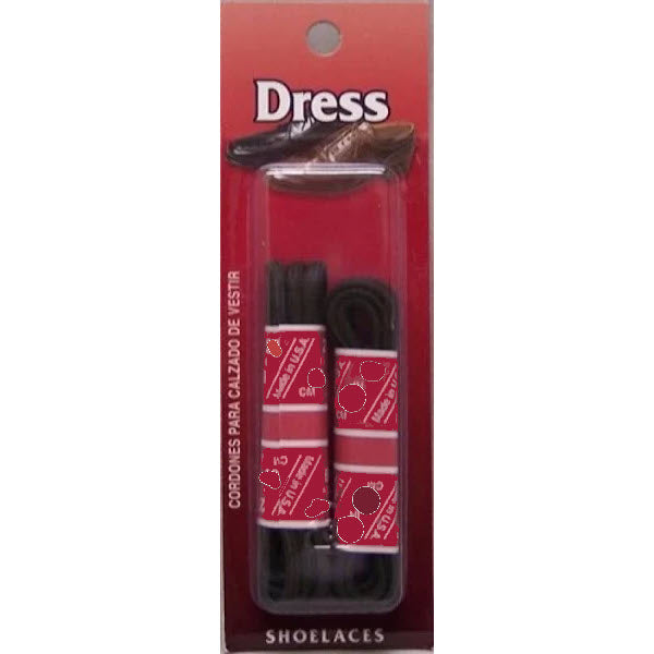 A package of black round dress shoe laces, labeled as 24 in length, displayed on a red and black card under the brand name "F.L. Inc".