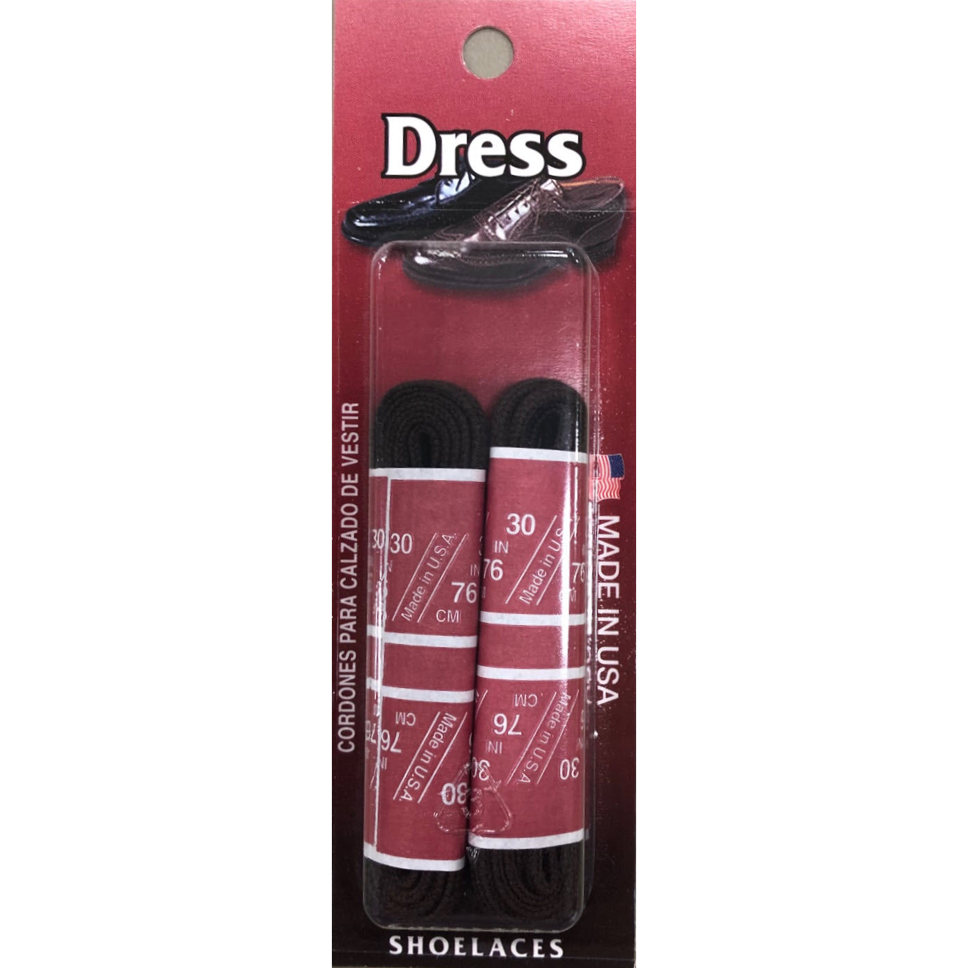 Two pairs of FRANKFORD LEATHER 30 IN ROUND DRESS BROWN shoe laces packaged on a red card labeled "dress" with shoe image, indicating 30 inches length and made in the USA by F.L. Inc.