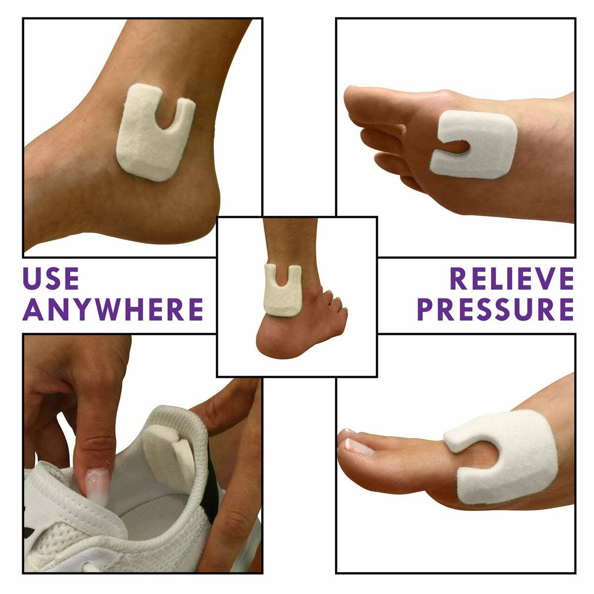 Collage showing Dr. Jill&#39;s LW FOOT CARE ADHESIVE U FELT PADS in various uses on hands and feet to demonstrate its versatility and pressure relief capabilities. Text on image reads &quot;use anywhere, relieve pressure, protects calluses.