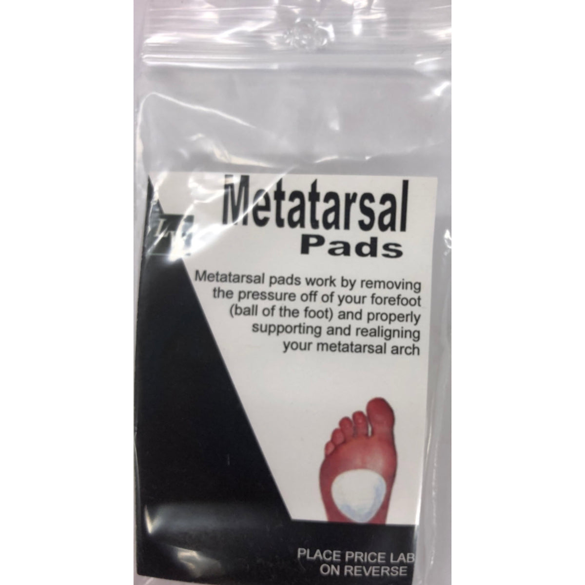A package of Dr. Jill&#39;s LW FOOT CARE ADHESIVE METATARSAL PADS designed to relieve forefoot pressure and support the metatarsal arch, displayed against a white background. These foot care accessories are ideal for cushioning the ball of the