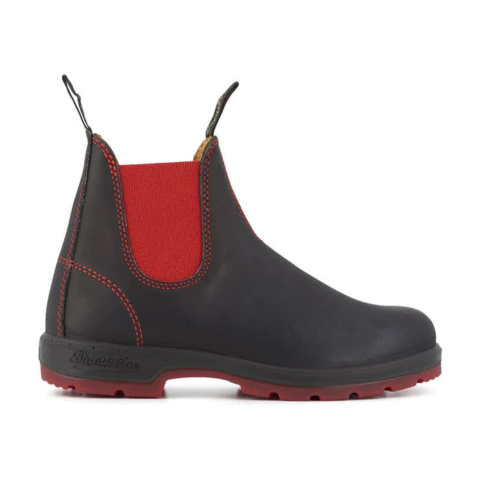 A Blundstone 1316 black/red chelsea boot with red elastic side panels and red stitching on a white background.