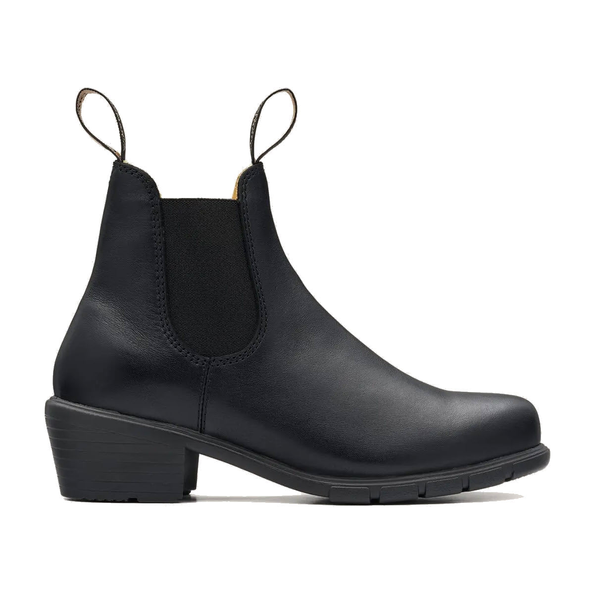 Sentence with product name and brand name: BLUNDSTONE 1671 HEELED BOOT BLACK - WOMENS by Blundstone with a low heel and pull loops, available in AU/UK sizes.