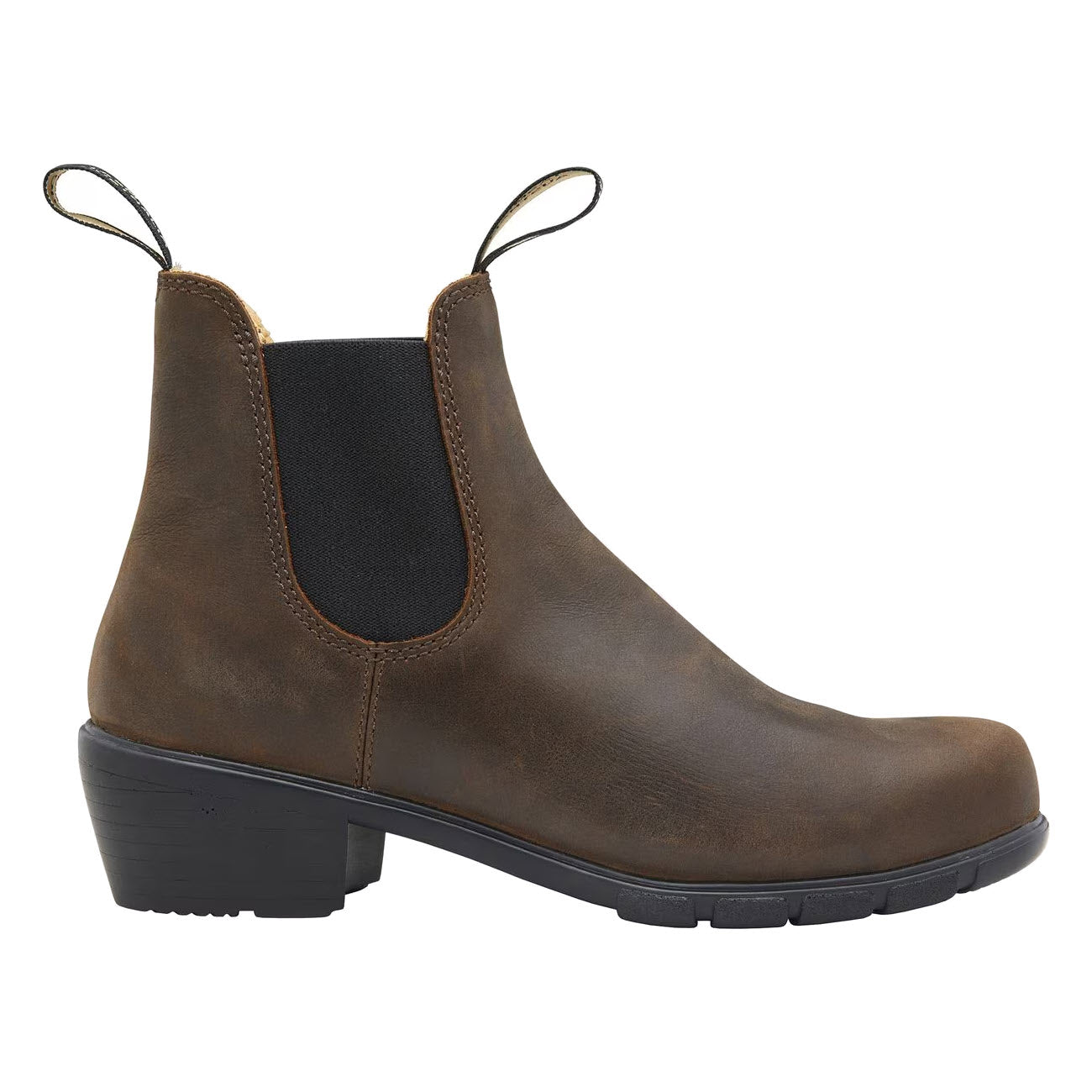 Blundstone 1673 Heel Antique Brown - Womens water-resistant leather Chelsea boot with black elastic side panel on a white background.