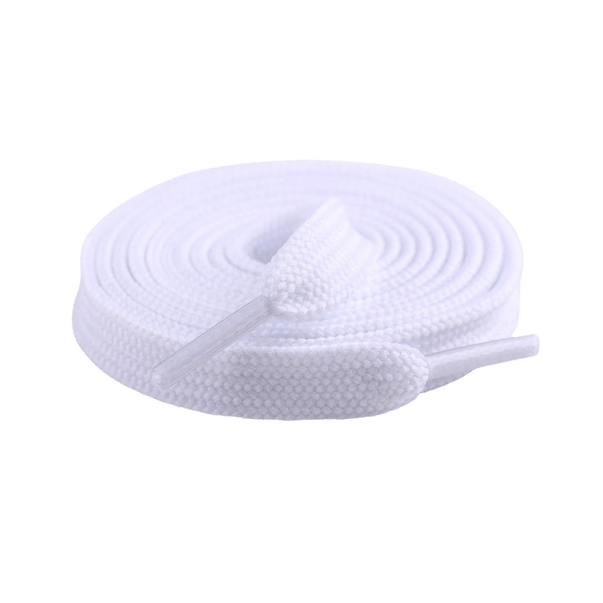 A coiled FRANKFORD LEATHER  54IN FLAT ATHLETIC LACE WHITE belt isolated on a white background.