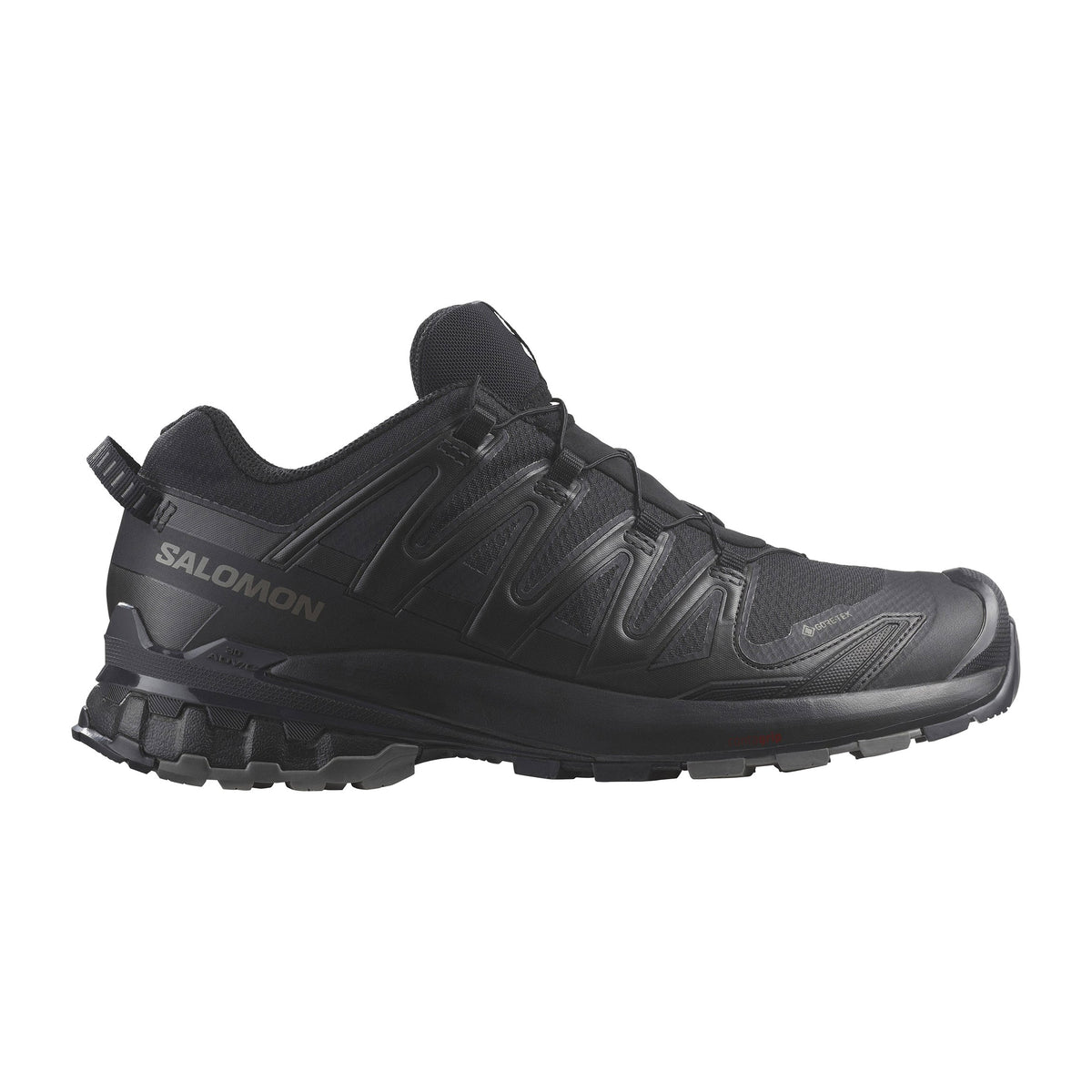 A black Salomon XA Pro 3D V9 GTX hiking shoe featuring the brand logo on the side and equipped with Gore-Tex technology.