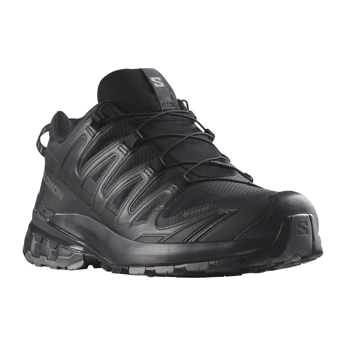 Side view of a black Salomon XA Pro 3D V9 GTX hiking boot with gray accents and rugged Gore-Tex sole.