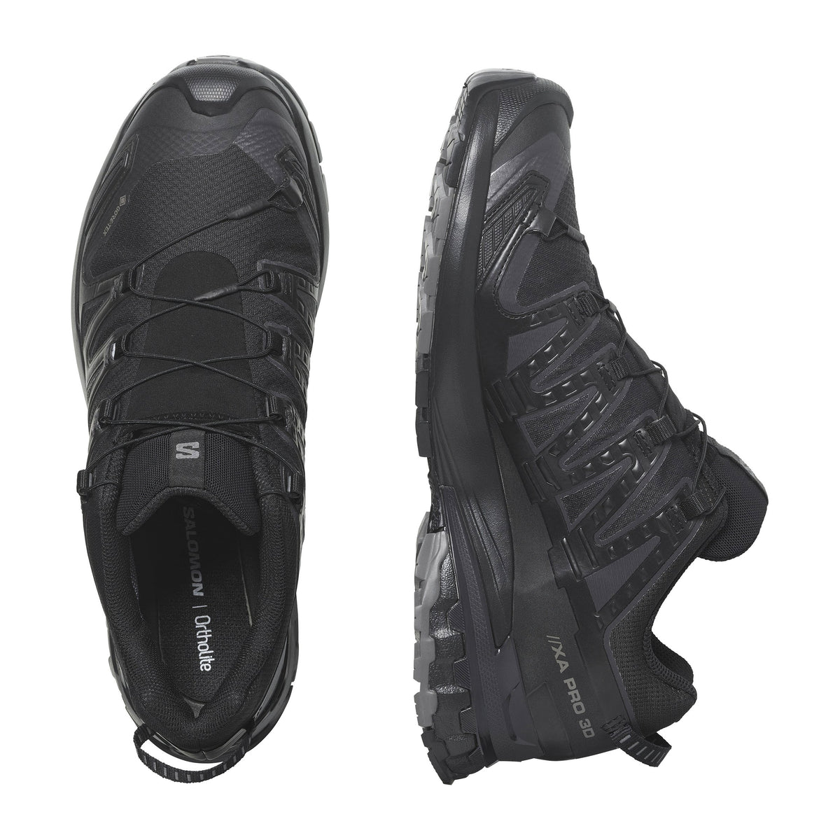Top view of a pair of black Salomon SALOMAN XA PRO 3D V9 GTX trail running shoes, displayed with one shoe facing down and the other facing up.