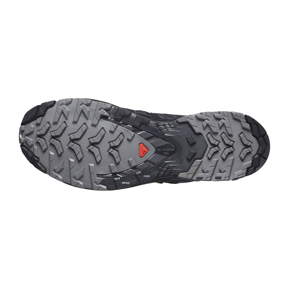 Sole of a Salomon XA Pro 3D V9 GTX Black/Phantom/Pewter - Mens trail running shoe featuring multi-directional treads and a central brand logo in red on gray background.