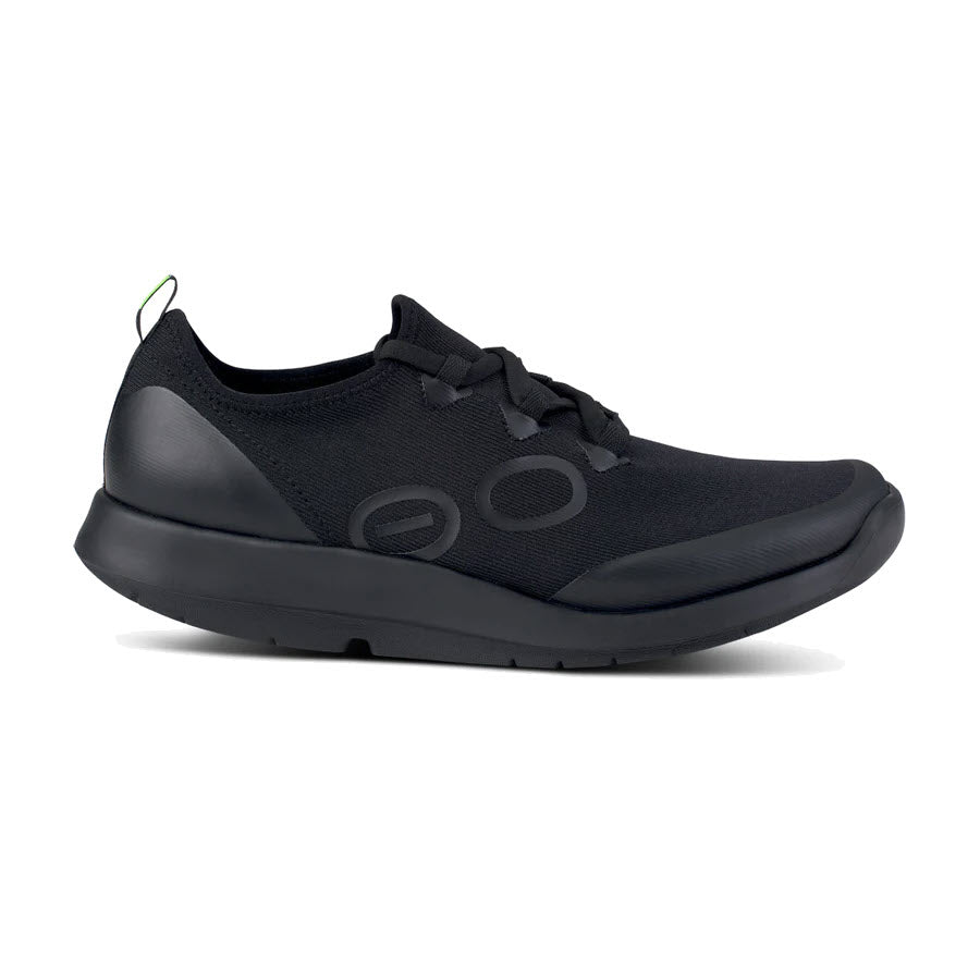 Oofos OOMG Sport Black athletic shoe with OOfoam™ technology on a white background, perfect as a recovery shoe.