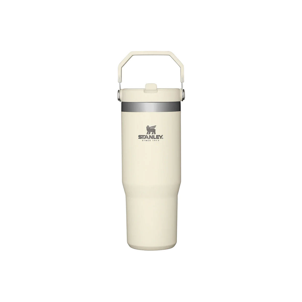 A cream Stanley IceFlow Tumbler 30oz with double-wall vacuum insulation and a handle on top, centered on a white background.