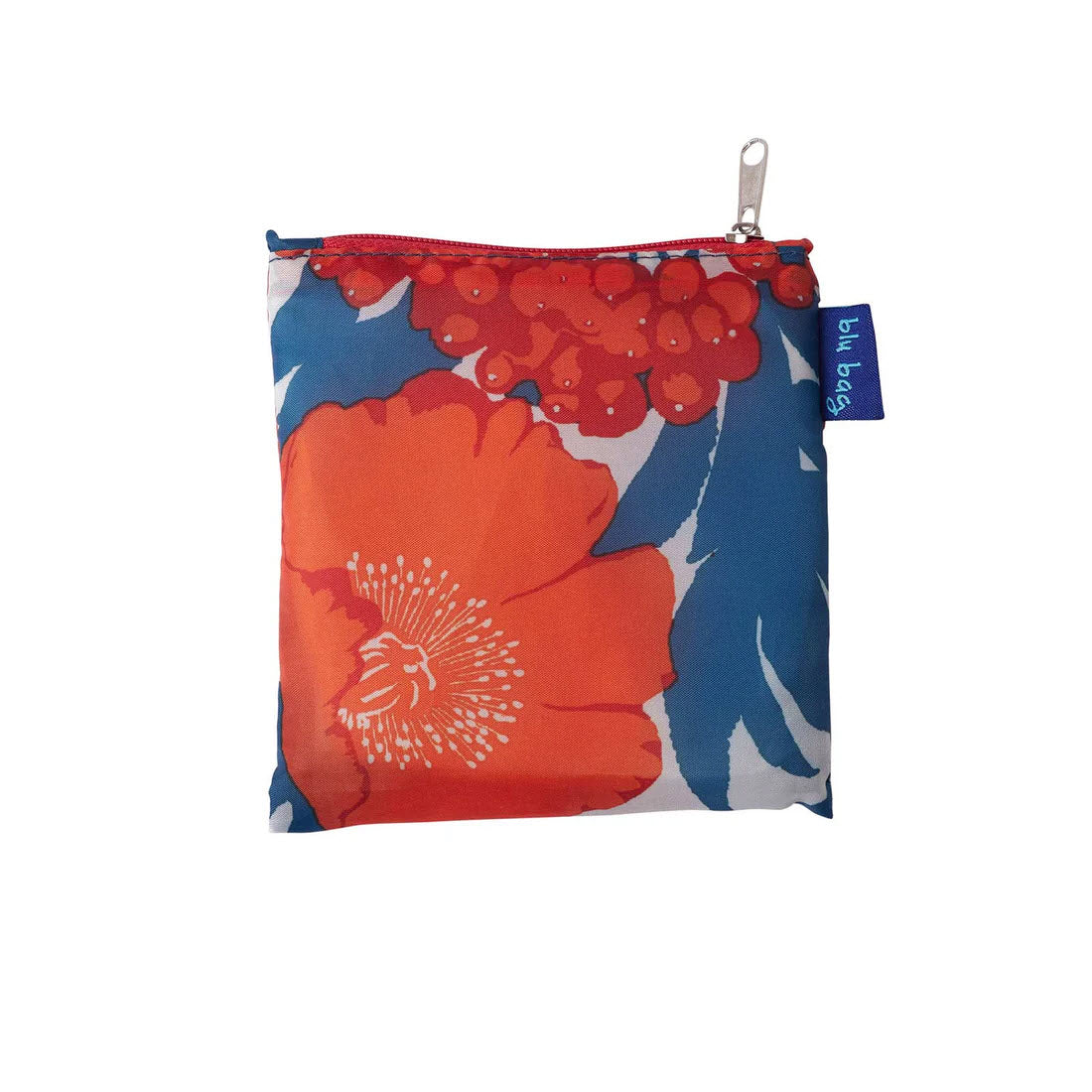 A BLU BAG ICELANDIC POPPIES in vibrant colors of red and blue, featuring a prominent flower design and a small Rockflowerpaper tag.