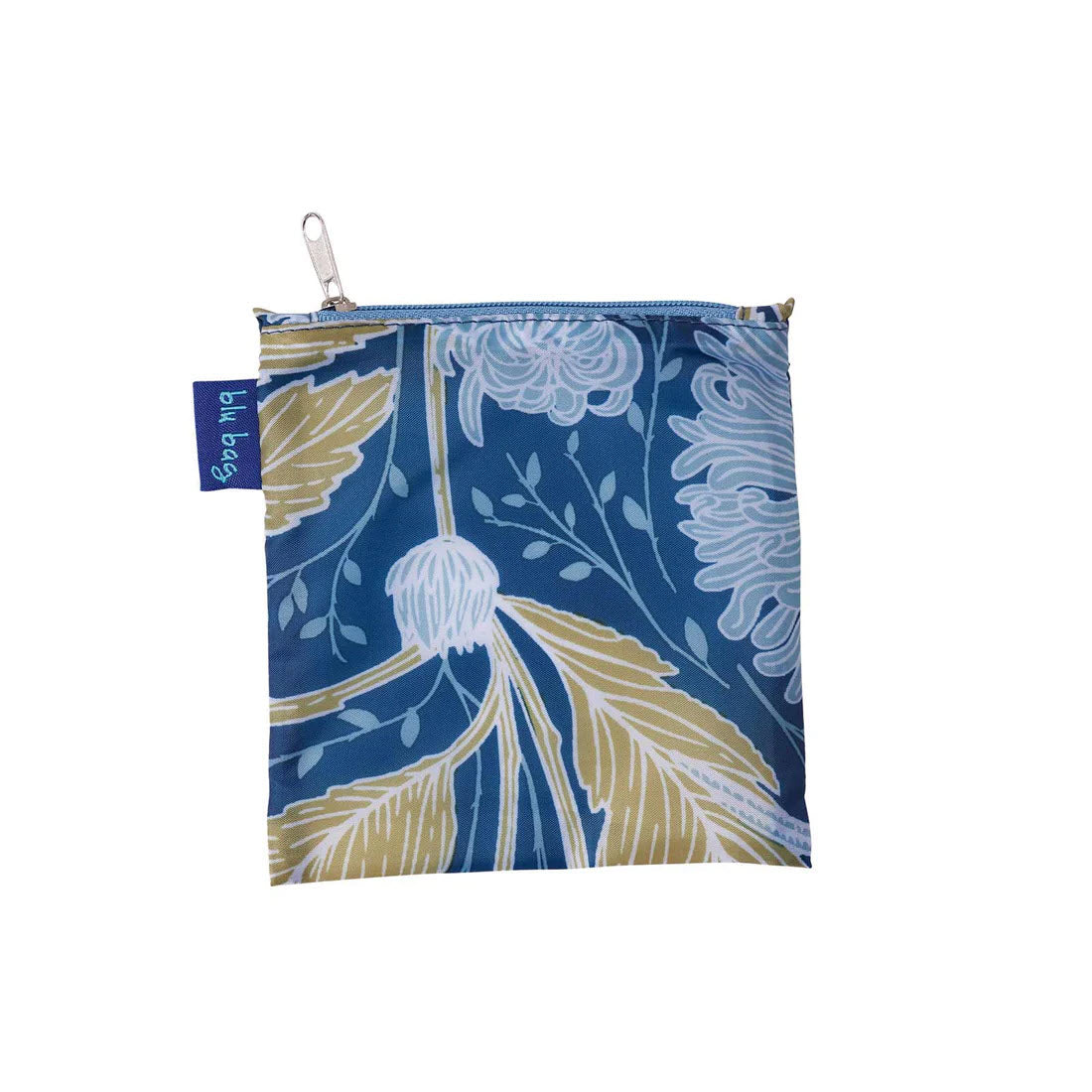 A blue floral print eco-friendly BLU BAG CHRYSANTHEMUM tote with a zipper and a fabric tag on the side by Rockflowerpaper.
