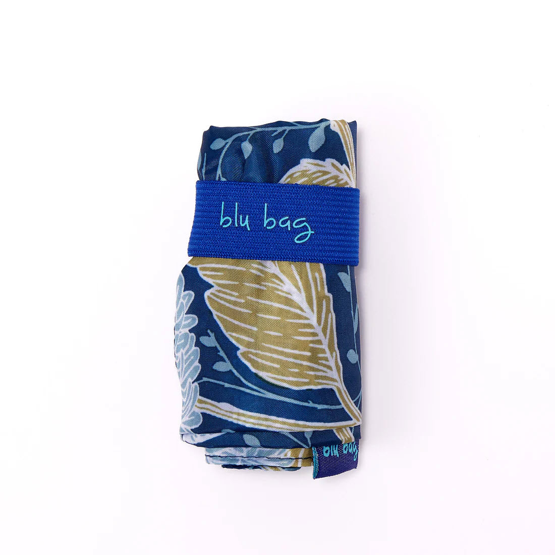 A folded blue and gold floral patterned eco-friendly tote secured with a blue strap labeled &quot;BLU BAG CHRYSANTHEMUM&quot; by Rockflowerpaper on a white background.