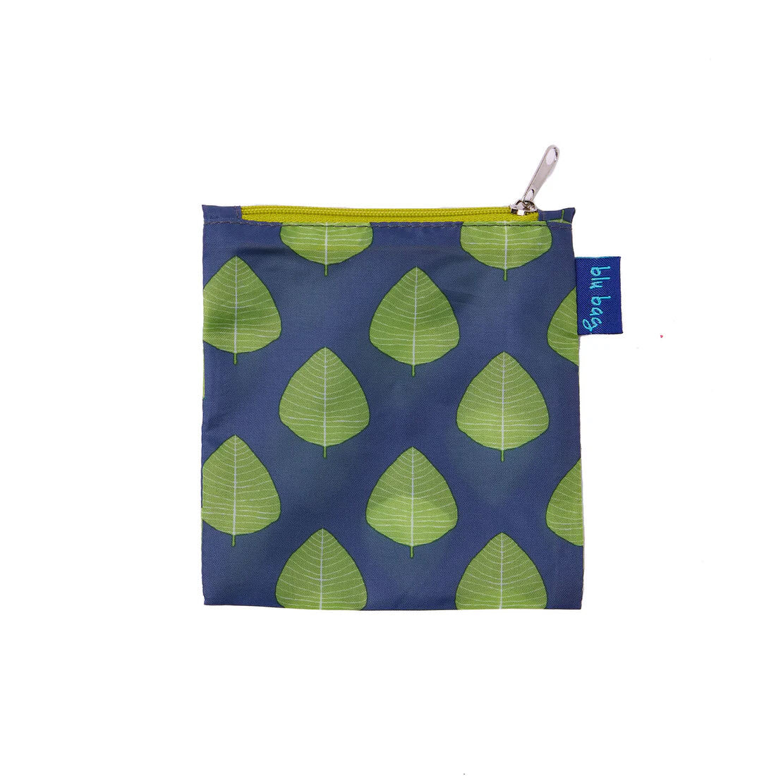 A zippered pouch with a blue background and green leaf pattern, featuring a yellow zipper and a blue label, designed as an eco-friendly tote, such as the BLU BAG ASPEN LEAVES by Rockflowerpaper.