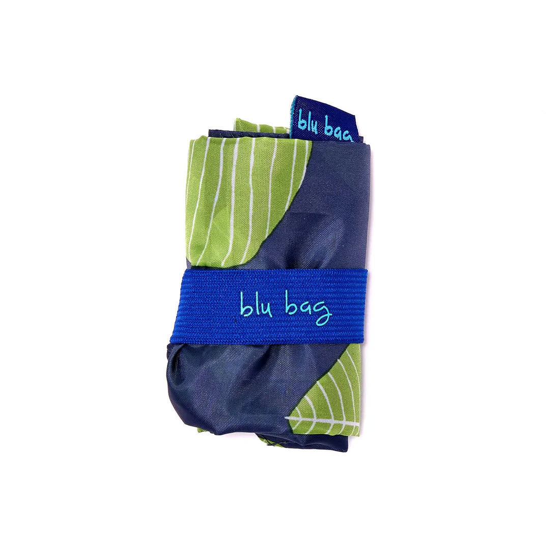 A folded eco-friendly tote with blue and green striped pattern, labeled with &quot;BLU BAG ASPEN LEAVES&quot; on a blue band by Rockflowerpaper.