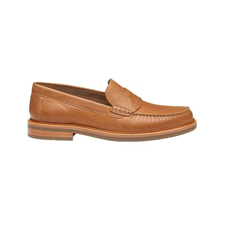 A Johnston & Murphy Lyles Slip On Penny Tan Full Grain - Mens loafer with a round toe and stitched detailing on a white background.