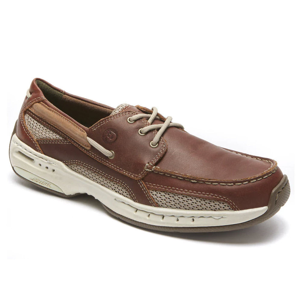 A single Dunham Captain 3 Eye Brown boat shoe with white laces and stitching, featuring breathable mesh inserts and a white sole.