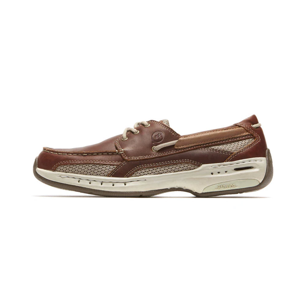 A single Dunham Captain 3 Eye brown leather boat shoe with white stitching and a slip-resistant outsole.