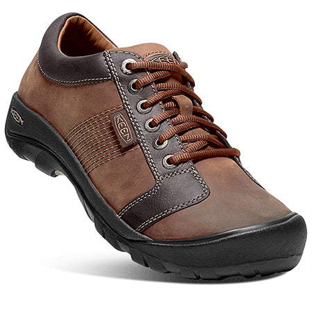 A single chocolate brown Keen Austin casual shoe with lace-up design, featuring a combination of water-resistant leather and mesh fabric on the upper.