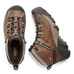 A pair of brown KEEN Targhee II Mid WP Shitake/Brindle hiking boots with black soles featuring aggressive outsole lugs, viewed from above.