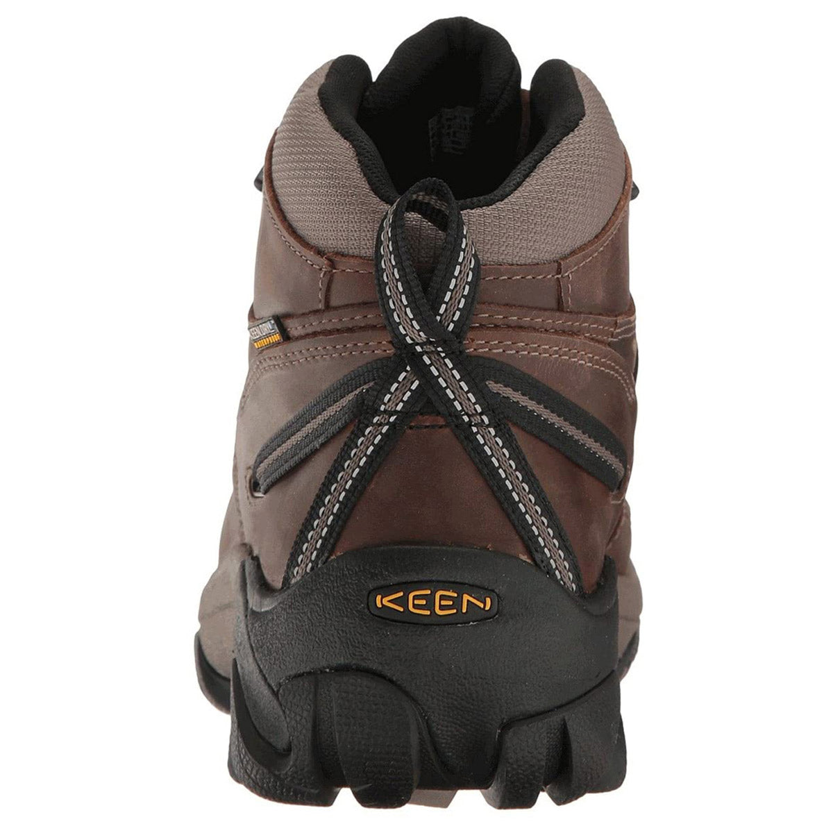 Rear view of a laced, brown Keen Targhee II Mid WP Shitake/Brindle hiking shoe with black and grey accents and aggressive outsole lugs.