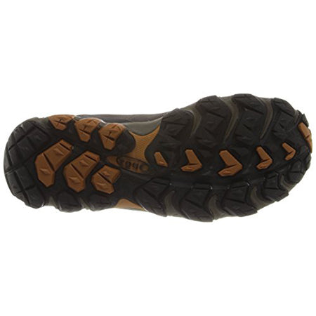 Treaded sole of an OBOZ BRIDGER MID SUDAN BROWN - MENS hiking shoe with black and brown rubber grips.