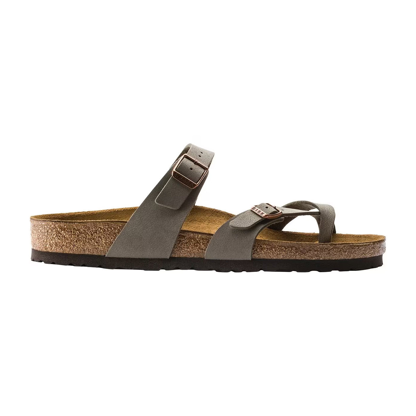 Single brown Birkenstock Mayari Birkibuc Stone sandal with buckle straps and cork footbed isolated on a white background.