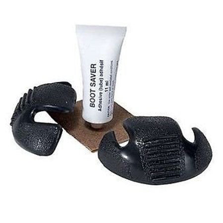 A tube of &quot;FRANKFORD BOOT SAVERS BLACK&quot; glue placed between two halves of a black, plastic work boot-shaped holder on a beige background.