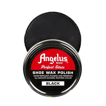 Top view of an open tin of Angelus brand ANGELUS SHOE PASTE BLACK, showing the product inside and the label on the lid, ideal for leather care.
