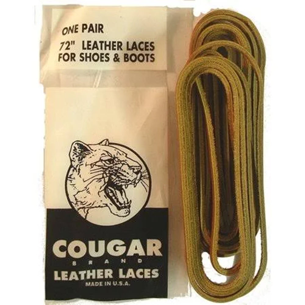 A package of F.L. Inc brand Frankford Leather Cougar leather laces, 72 inches long, for shoes and boots, displayed next to loose brown laces.