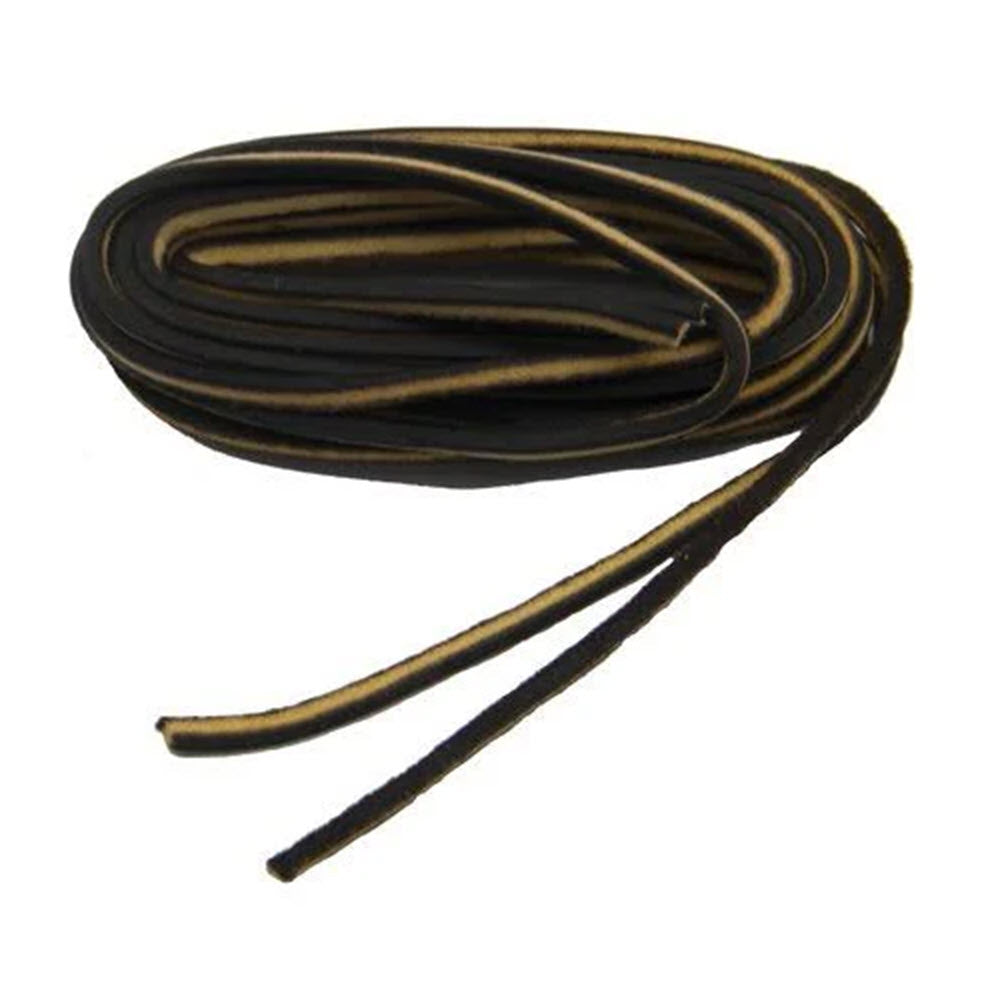 A coiled brown FRANKFORD LEATHER COUGAR LEATHER LACES CHOCOLATE 72&quot; shoelace isolated on a white background.