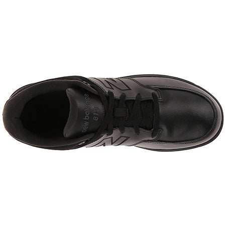 Top view of a single black New Balance MW813BK walking shoe with laces on a white background.