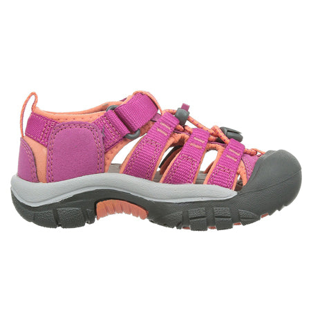 A Keen Newport Very Berry/Fusion Coral sandal designed for children, featuring pink and purple straps with a metatomical footbed, rubber toe cap, and a gray sole, isolated on a white background.