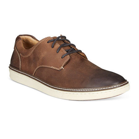 Johnston &amp; Murphy McGuffey Plain Toe Brown - Mens leather casual shoe with laces, featuring a classic look, isolated on white background.