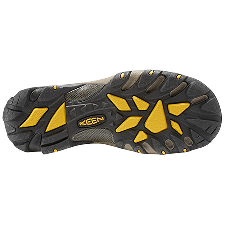 Bottom view of a Keen Targhee II WP Ravin - Mens sole displaying a black and gray tread pattern with yellow accents and an aggressive outsole.