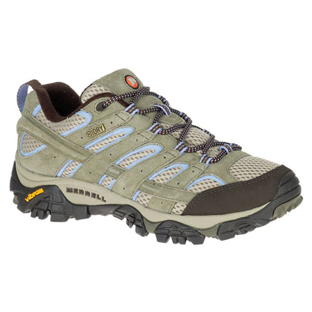 A Merrell Moab 2 Dusty Olive hiking shoe with a beige and gray upper, featuring blue mesh inserts and a rugged, black Vibram rubber outsole.