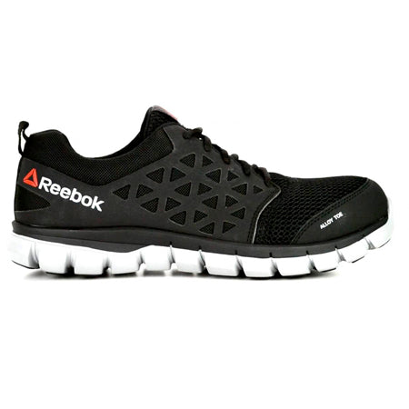 Black Reebok Work Steel Toe Sublite Cushion athletic shoe with a white sole and brand logo on the side.