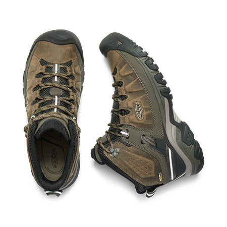 A pair of brown Keen Targhee III Mid hiking boots with rugged soles and lace-up fronts, viewed from above on a white background.