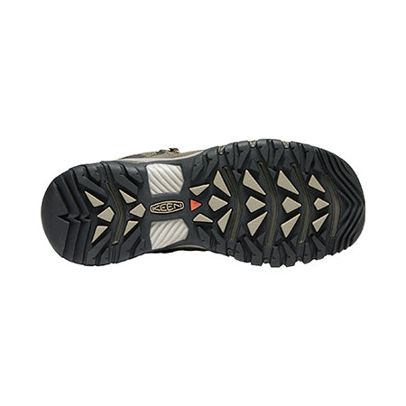 Sole of a Keen Targhee III Mid Leather WP Bungee hiking boot with a black and gray tread pattern, featuring triangular and geometric shapes, and a visible brand logo.