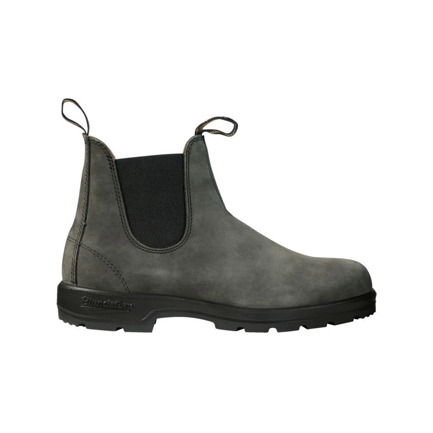 The BLUNDSTONE SUPER 587 RUSTIC BLACK - ADULTS by Blundstone is a single grey leather boot with black elastic side panels, front and back pull tabs, a black sole, and removable footbed, shown on a white background.