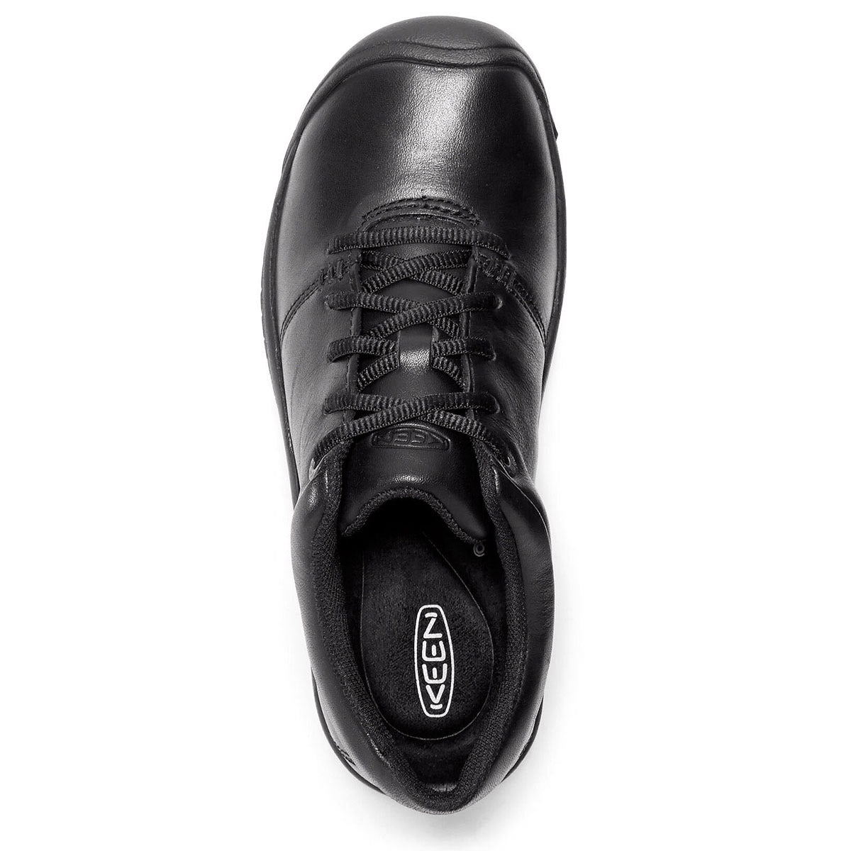 Keen PTC Oxford black lace-up work shoe viewed from above, featuring a non-slip sole.