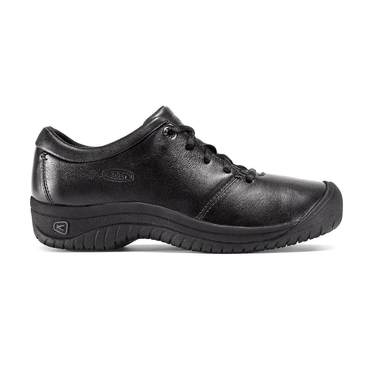A single Keen PTC Oxford Black work shoe with non-slip sole against a white background.