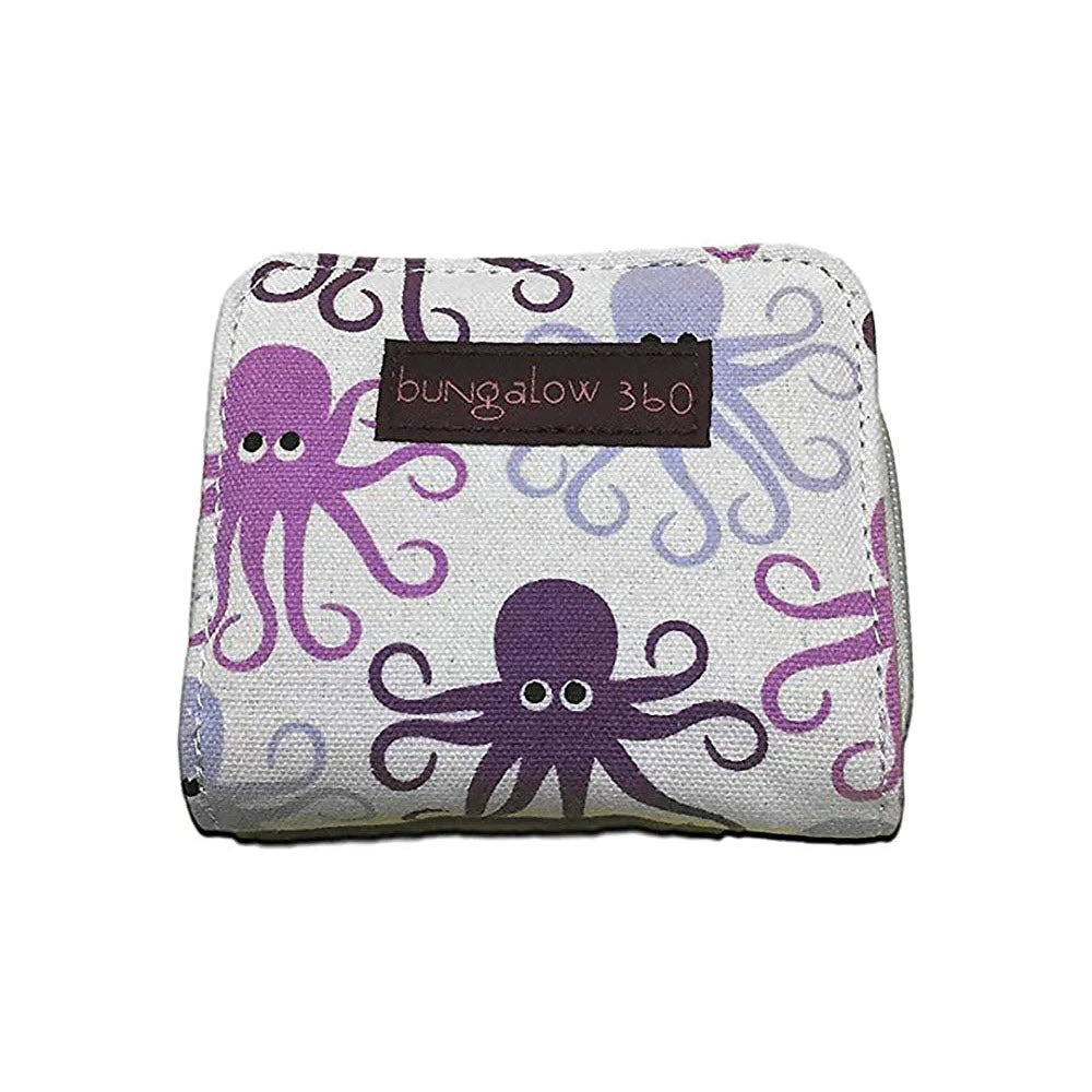 A small Bungalow 360 billfold wallet with a purple octopus design and the logo &quot;bungalow 360&quot; on a white background.