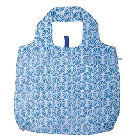 Rockflowerpaper's BLU BAG SEA URCHIN BLUE eco-friendly reusable shopping bag with a geometric floral pattern, featuring integrated handles and a compact, packable design for easy storage.