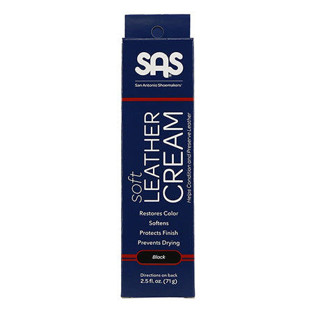 Tube of SAS Leather Cream 1.5 oz in black, intended to restore color, soften, protect finish, and prevent drying of SAS leather products.