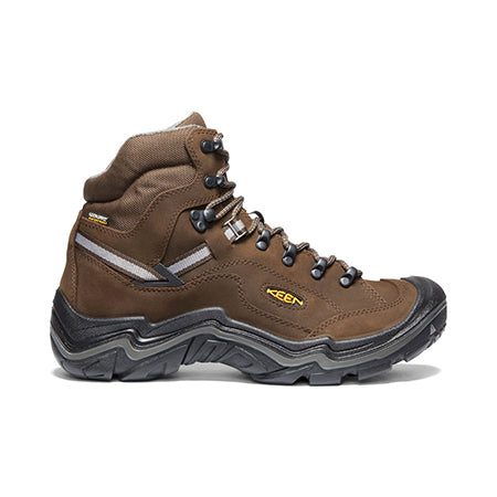 A single brown Keen Durand II Mid WP Cascade men&#39;s hiking boot with a high ankle, lace-up front, and a sturdy black and gray sole.