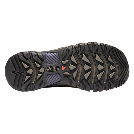 Bottom view of a men&#39;s black Keen Targhee Vent Cuban Brown hiking shoe displaying its rugged tread pattern and brand logo.