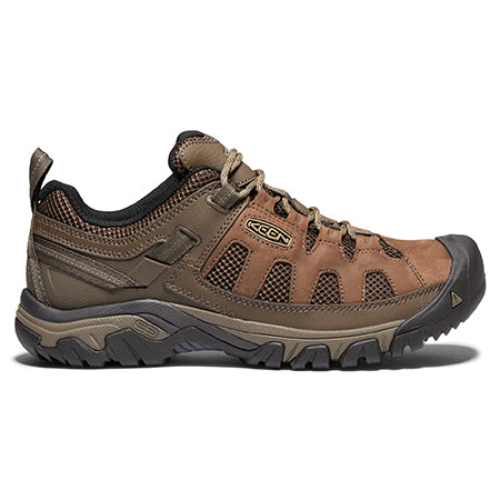 Brown and gray Keen Targhee Vent Cuban Brown men&#39;s hiking shoe with mesh inserts for breathability and rubber sole, displaying the Keen logo on the side.