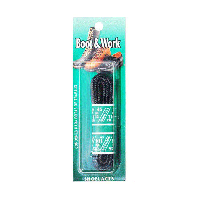A pair of FRANKFORD LEATHER 72 NYLON BOOT LACE BLACK shoelaces packaged in a green and blue cardboard hanging display with the text "boot lace & work" by F.L. Inc.