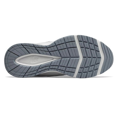 Sole of a New Balance running shoe with a light and dark gray tread pattern, featuring an ABZORB heel pad at the center.